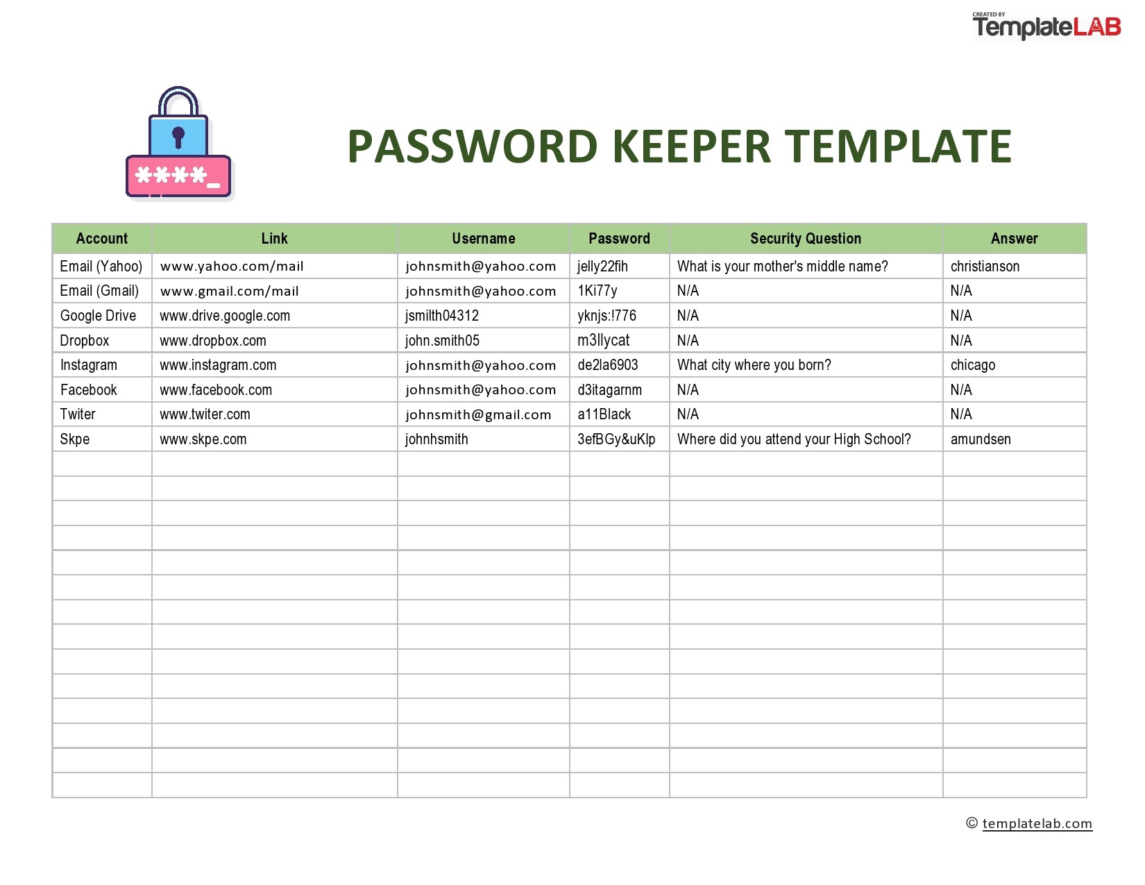 Free Access Password Keeper Template Printable